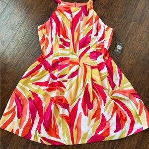 Vince Camuto Fuchsia, Coral & Yellow Abstract Halter Midi Dress